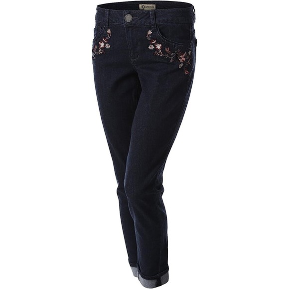 Democracy Denim - Democracy Embroidered Floral Girlfriend Jeans Size 8 Mid Rise Dark Blue Denim
